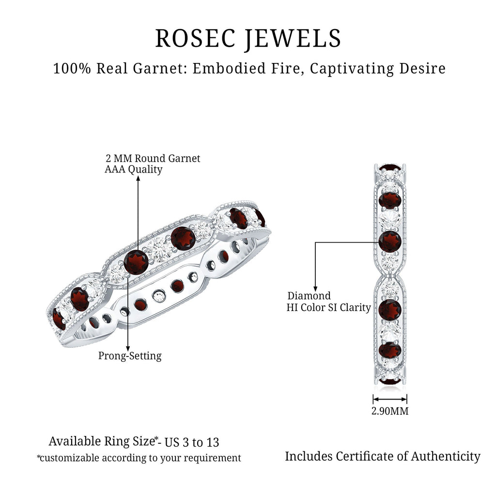 Vintage Garnet Ring – Full Eternity Band with Diamonds | Milgrain Detailing