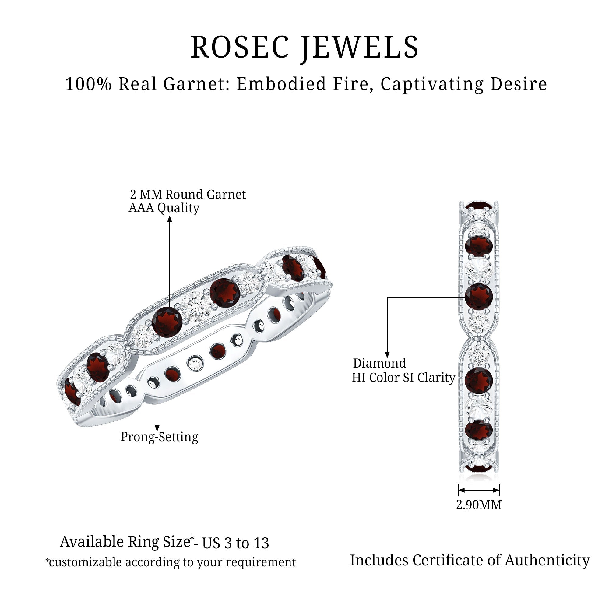 Vintage Garnet Ring – Full Eternity Band with Diamonds | Milgrain Detailing