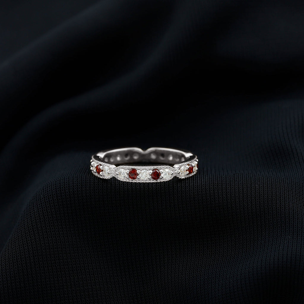 Vintage Garnet Ring – Full Eternity Band with Diamonds | Milgrain Detailing