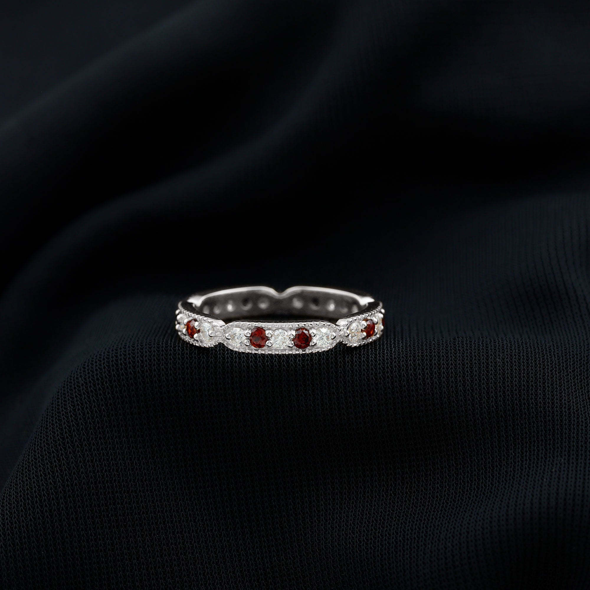 Vintage Garnet Ring – Full Eternity Band with Diamonds | Milgrain Detailing