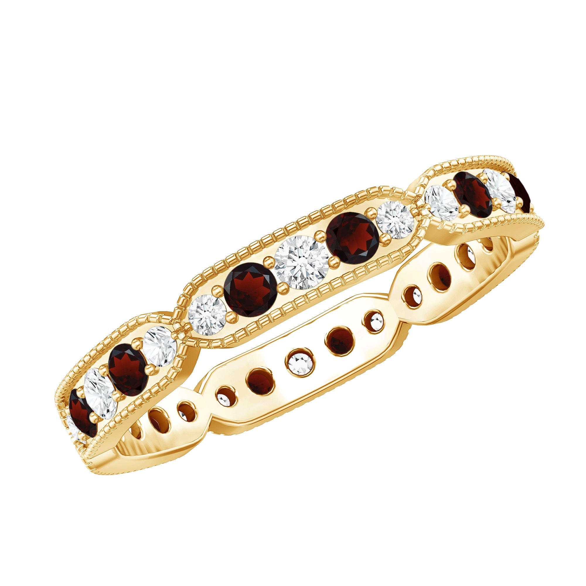 Vintage Garnet Ring – Full Eternity Band with Diamonds | Milgrain Detailing