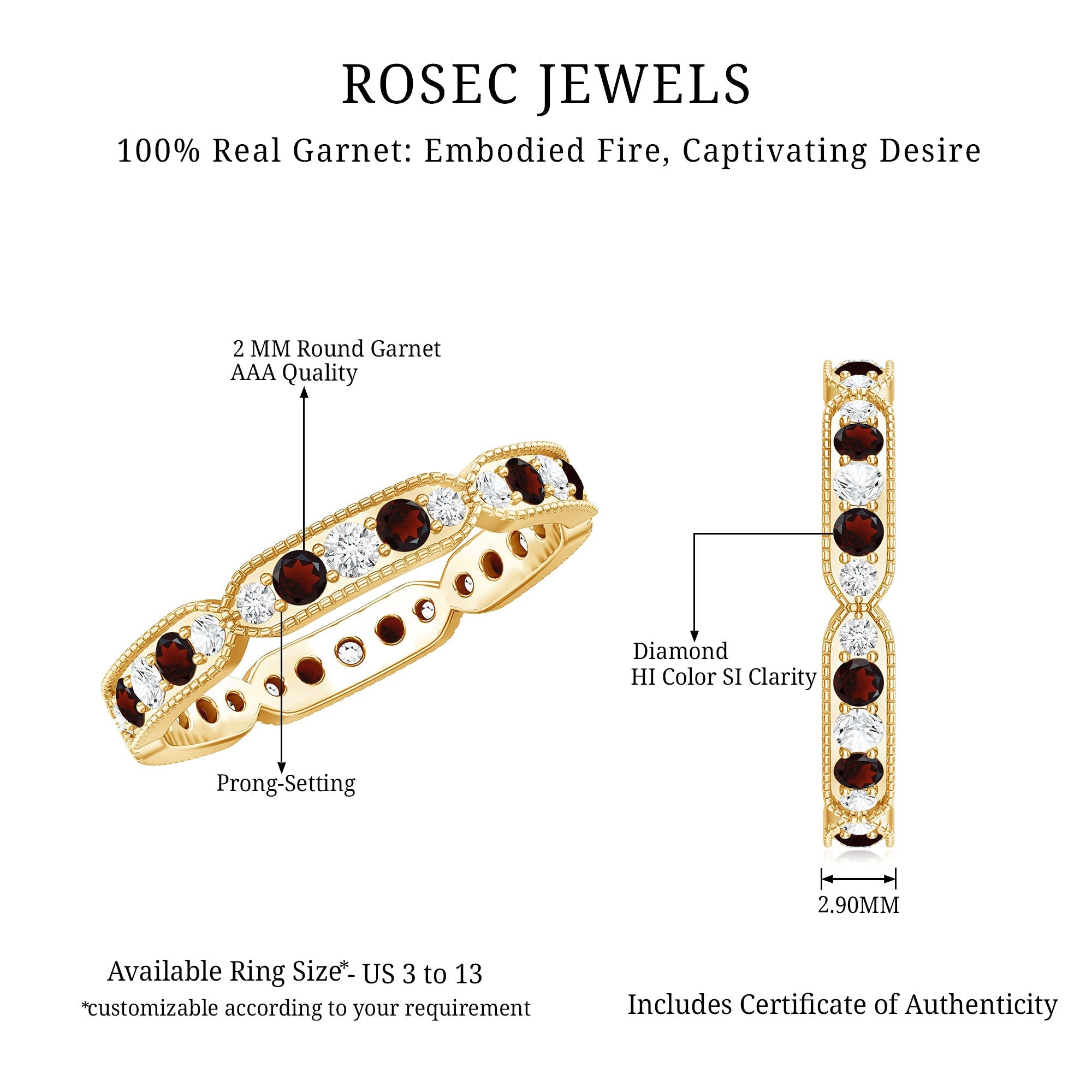 Vintage Garnet Ring – Full Eternity Band with Diamonds | Milgrain Detailing