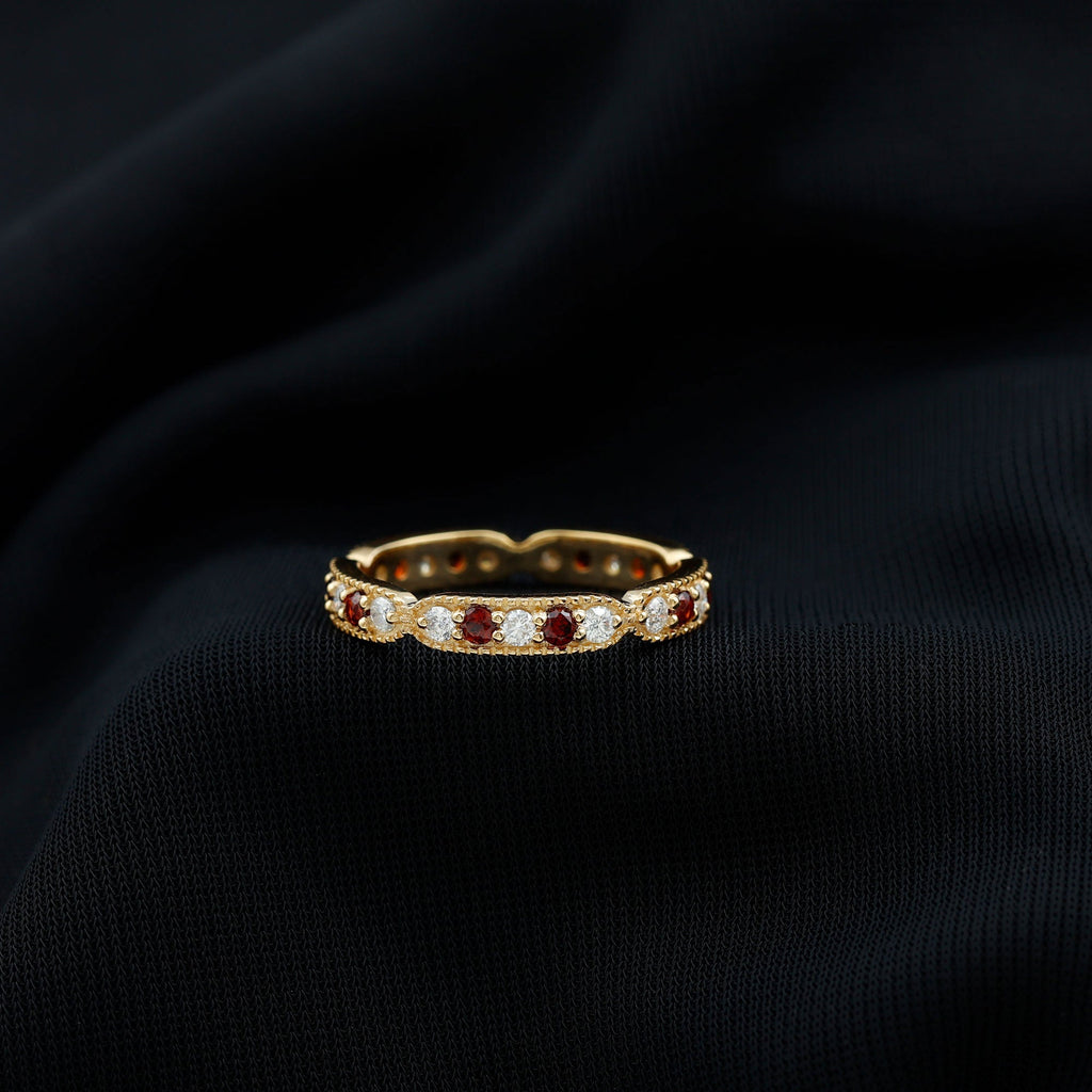 Vintage Garnet Ring – Full Eternity Band with Diamonds | Milgrain Detailing