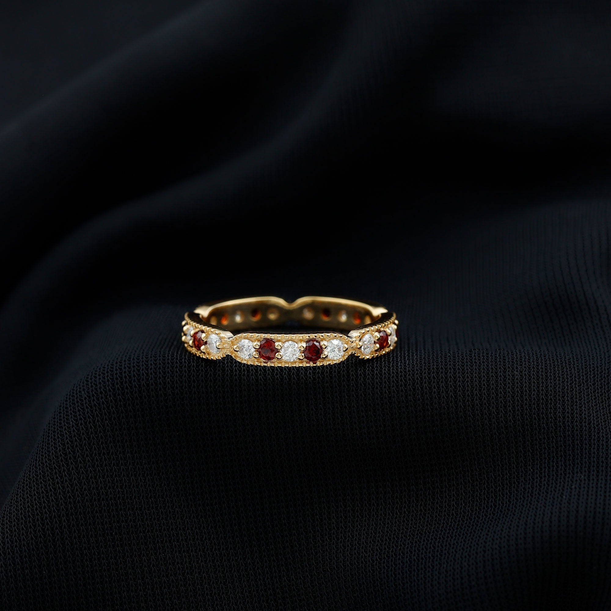 Vintage Garnet Ring – Full Eternity Band with Diamonds | Milgrain Detailing