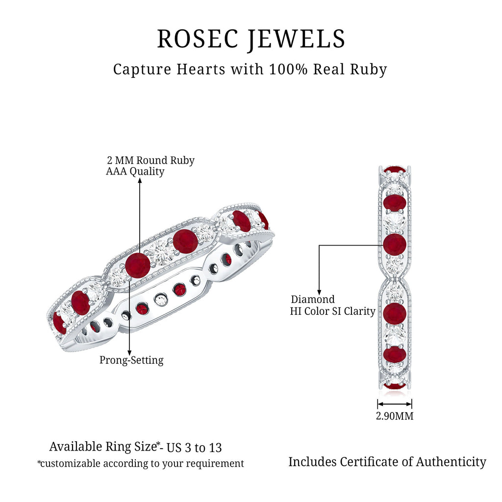 Ruby Diamond Eternity Ring – Vintage Style Anniversary Band With Beaded Detailing