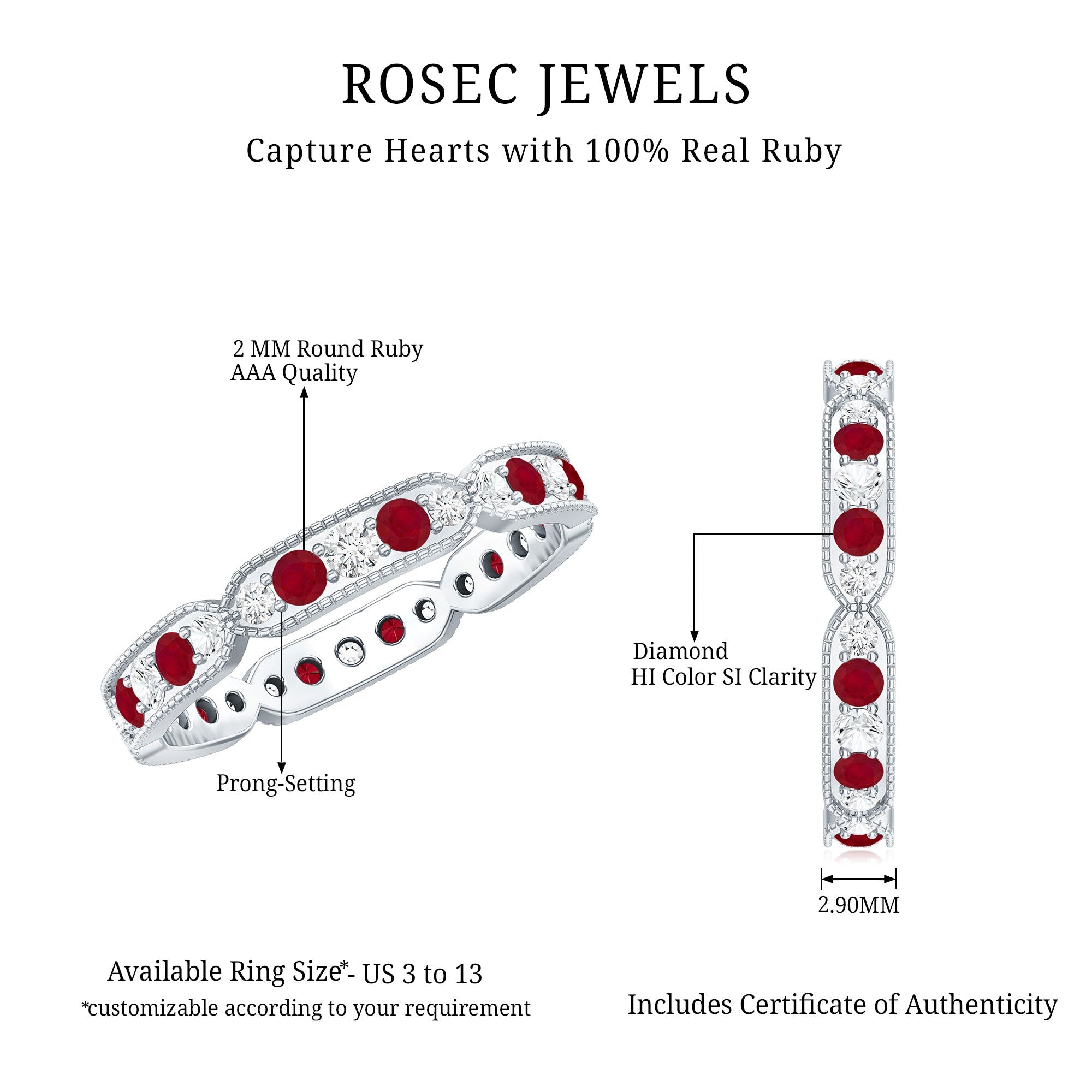 Ruby Diamond Eternity Ring – Vintage Style Anniversary Band With Beaded Detailing