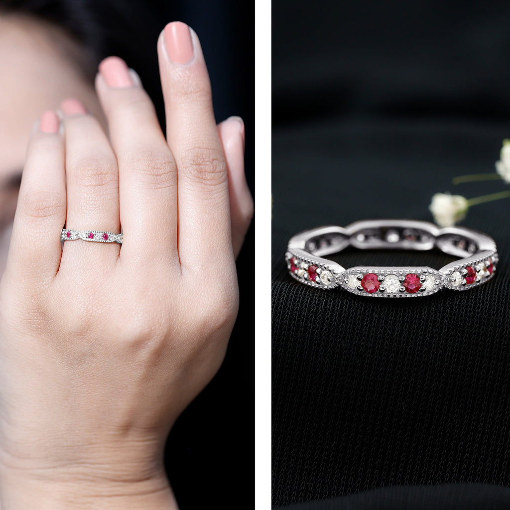 Ruby Diamond Eternity Ring – Vintage Style Anniversary Band With Beaded Detailing