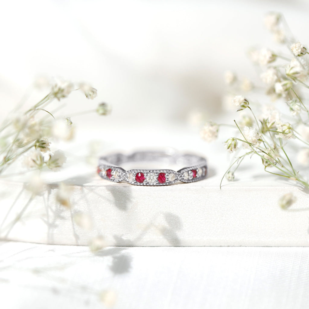 Ruby Diamond Eternity Ring – Vintage Style Anniversary Band With Beaded Detailing
