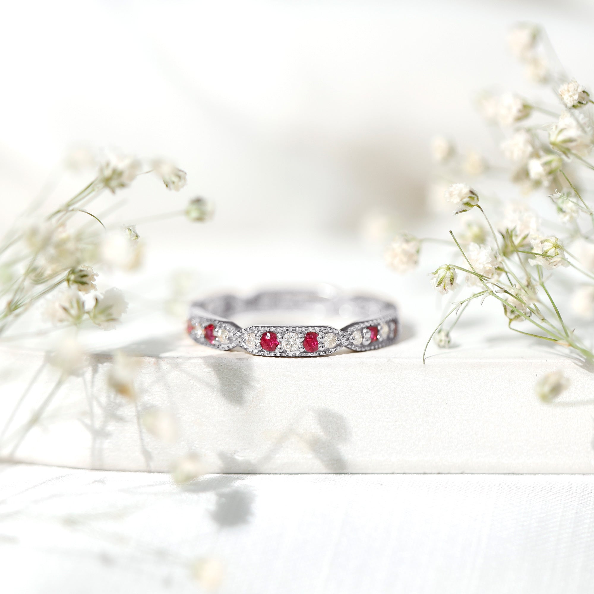 Ruby Diamond Eternity Ring – Vintage Style Anniversary Band With Beaded Detailing