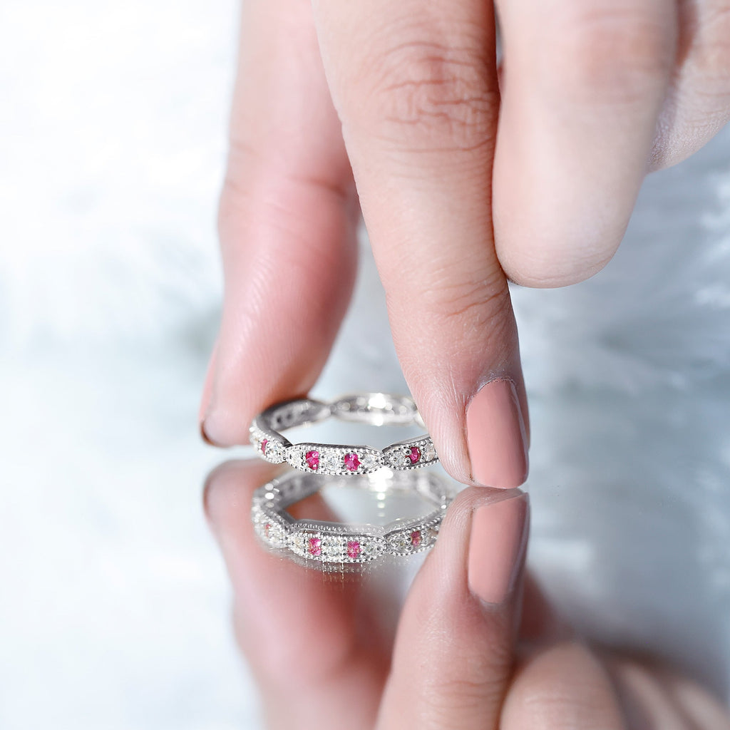 Ruby Diamond Eternity Ring – Vintage Style Anniversary Band With Beaded Detailing