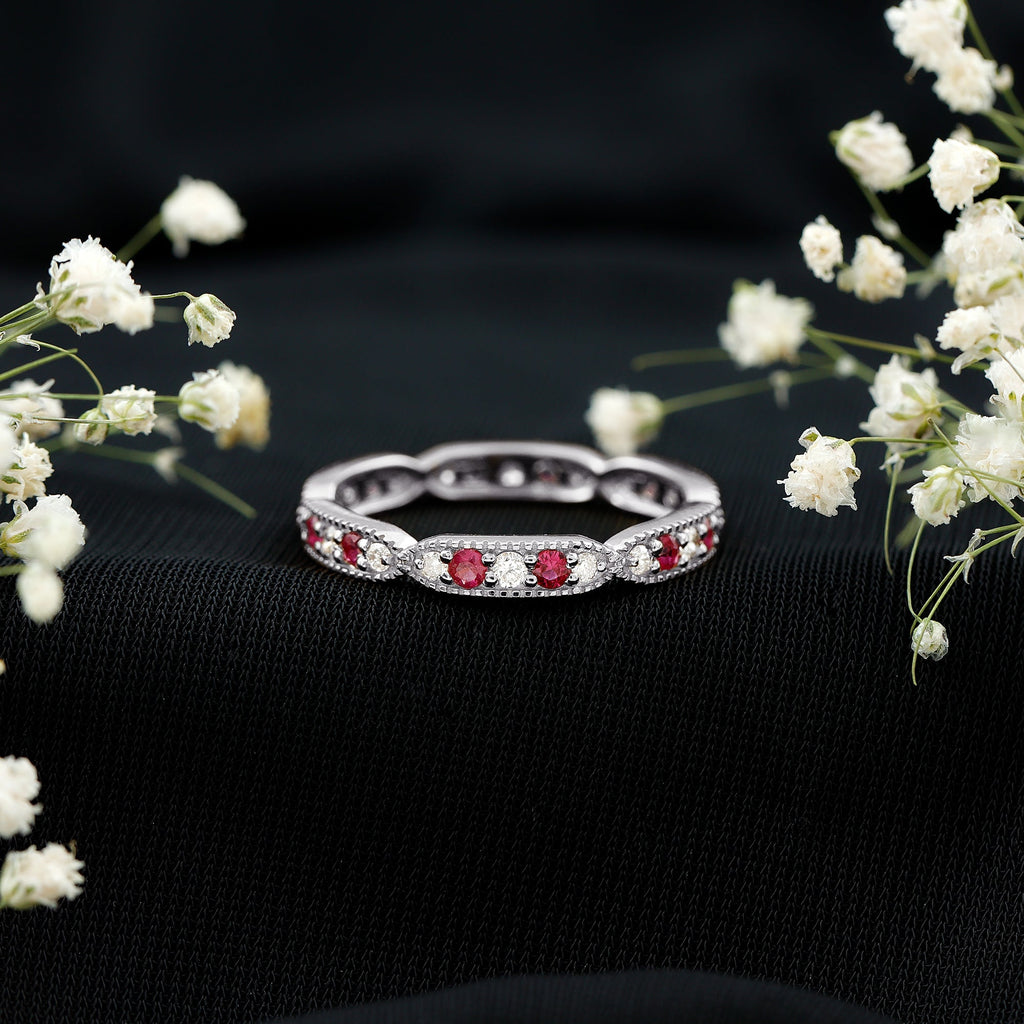 Ruby Diamond Eternity Ring – Vintage Style Anniversary Band With Beaded Detailing