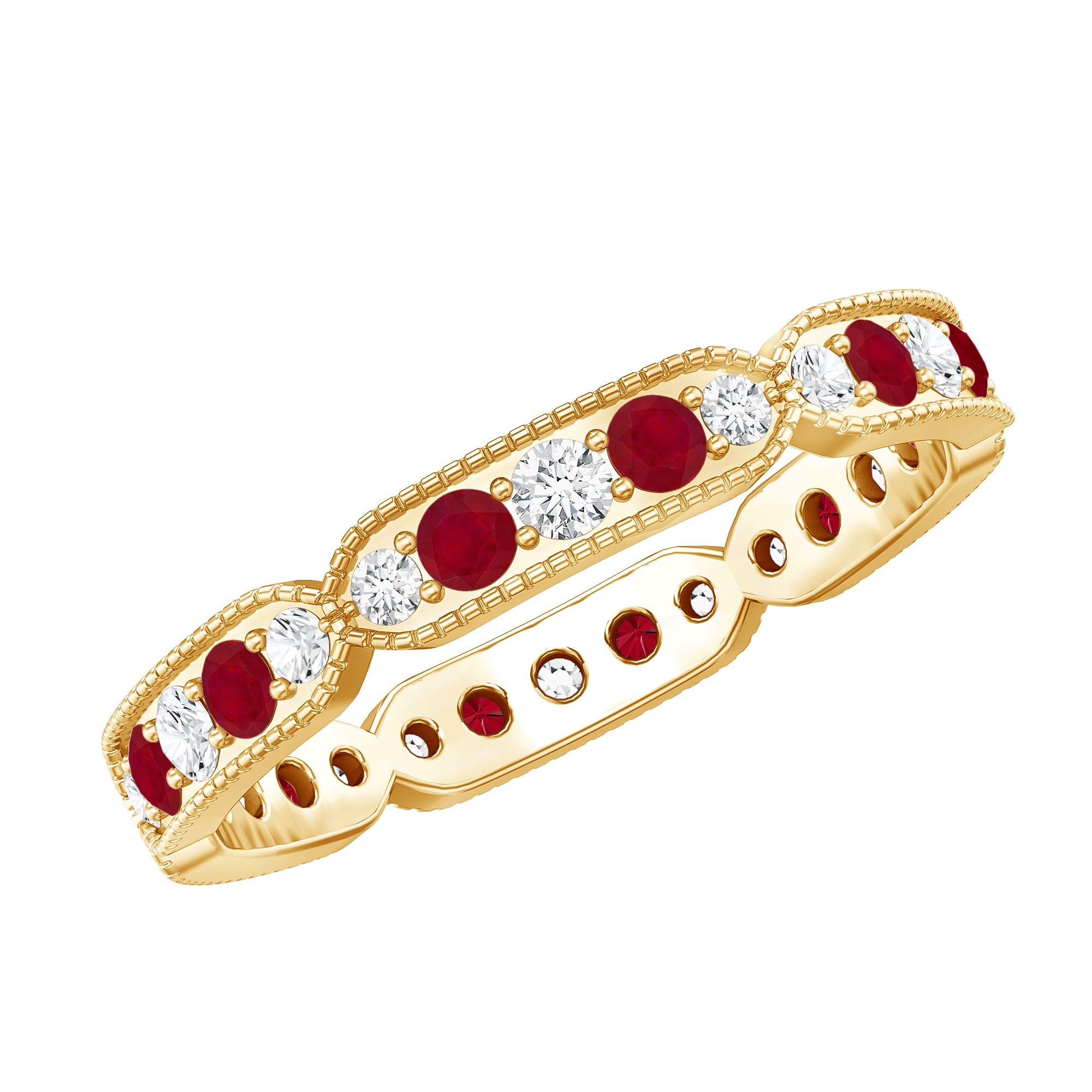 Ruby Diamond Eternity Ring – Vintage Style Anniversary Band With Beaded Detailing