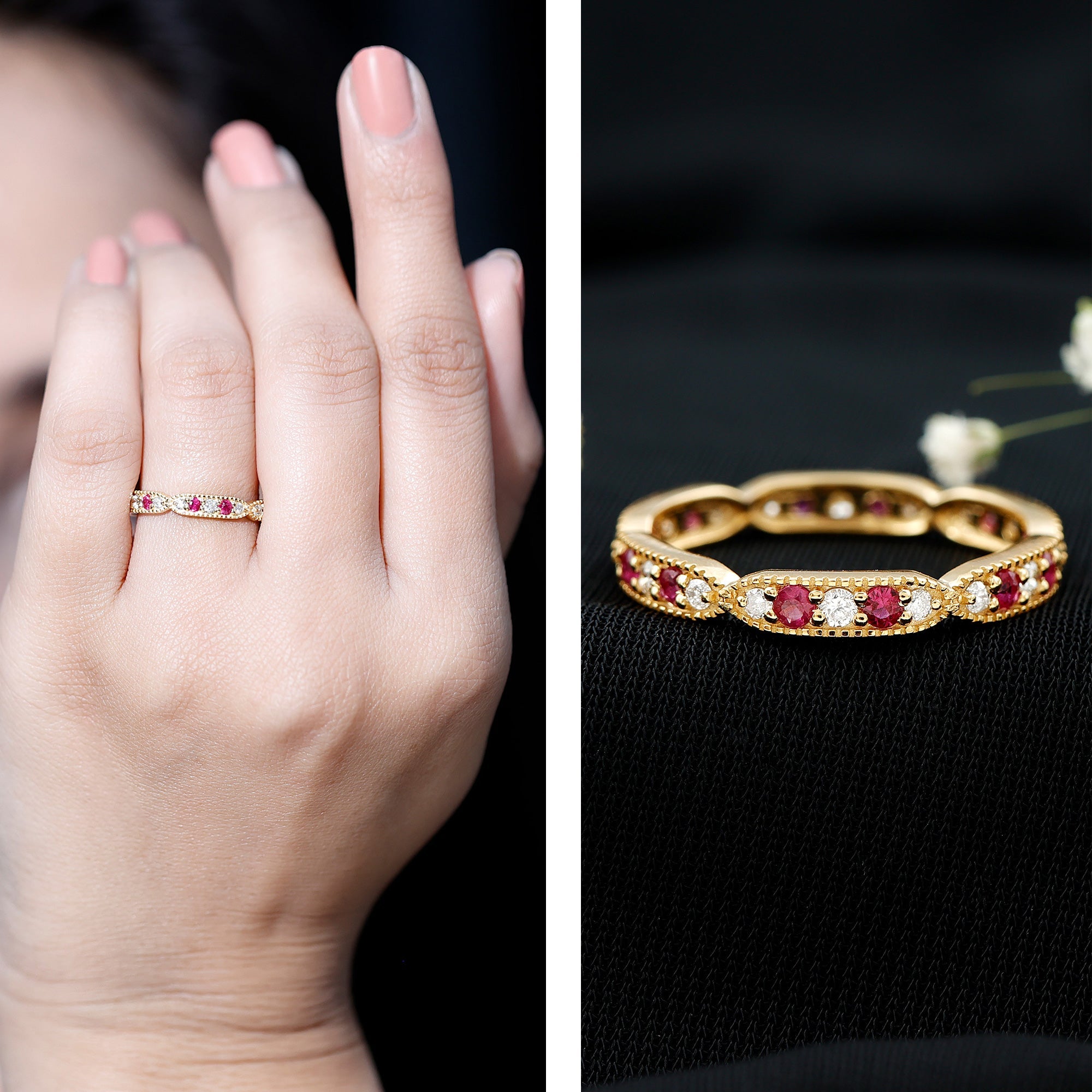 Ruby Diamond Eternity Ring – Vintage Style Anniversary Band With Beaded Detailing