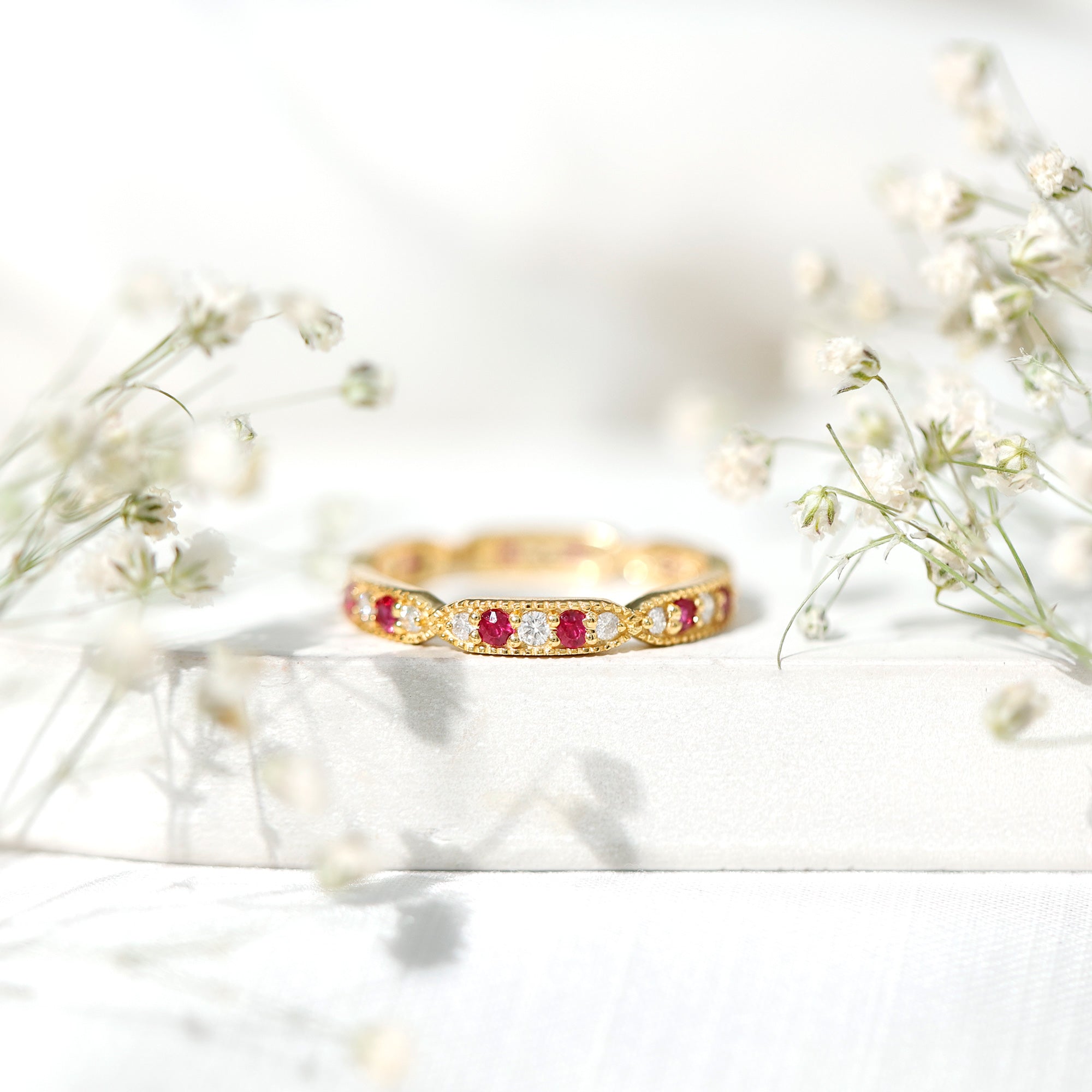Ruby Diamond Eternity Ring – Vintage Style Anniversary Band With Beaded Detailing