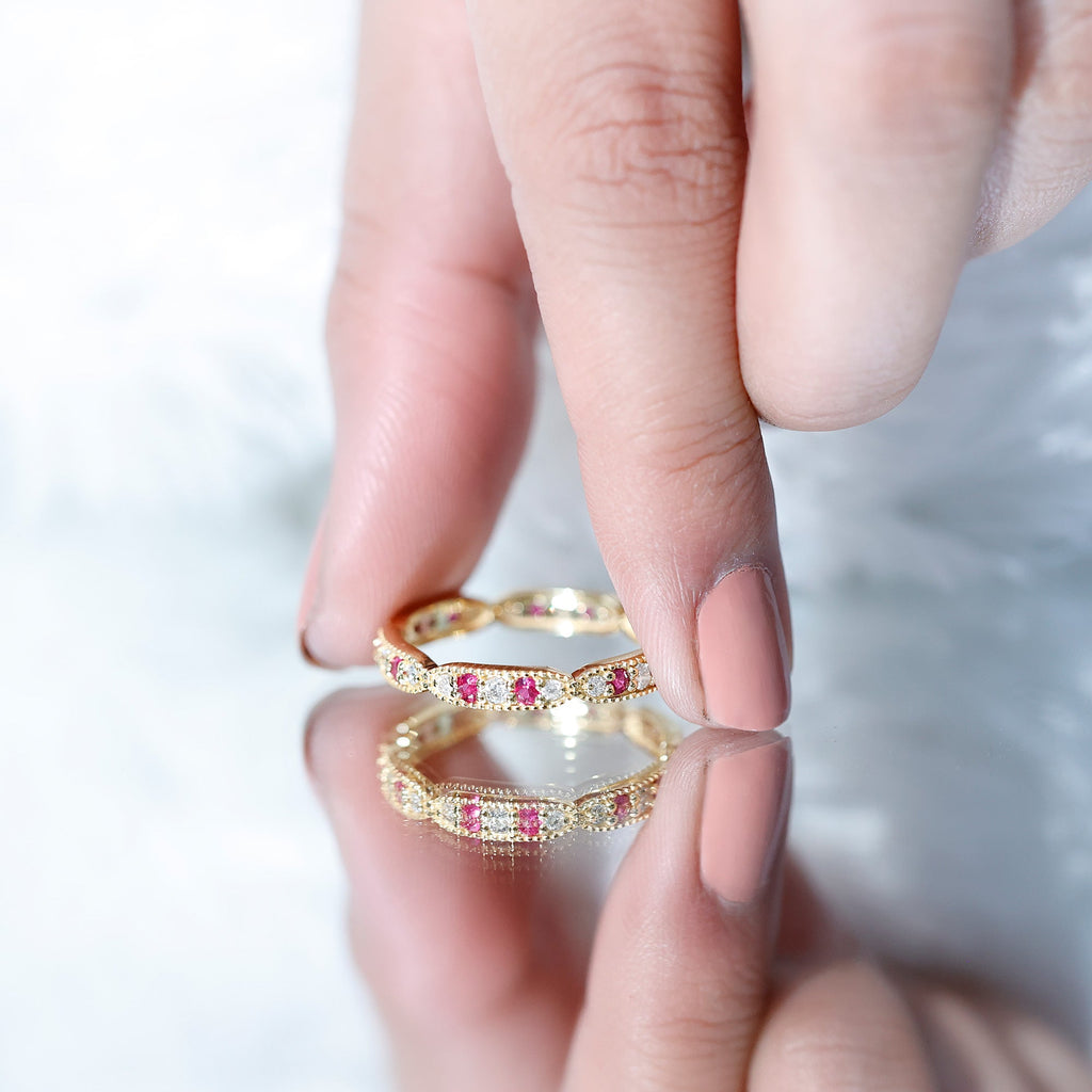 Ruby Diamond Eternity Ring – Vintage Style Anniversary Band With Beaded Detailing