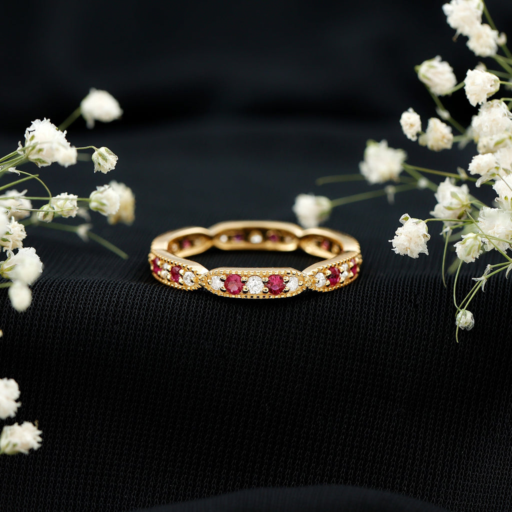 Ruby Diamond Eternity Ring – Vintage Style Anniversary Band With Beaded Detailing