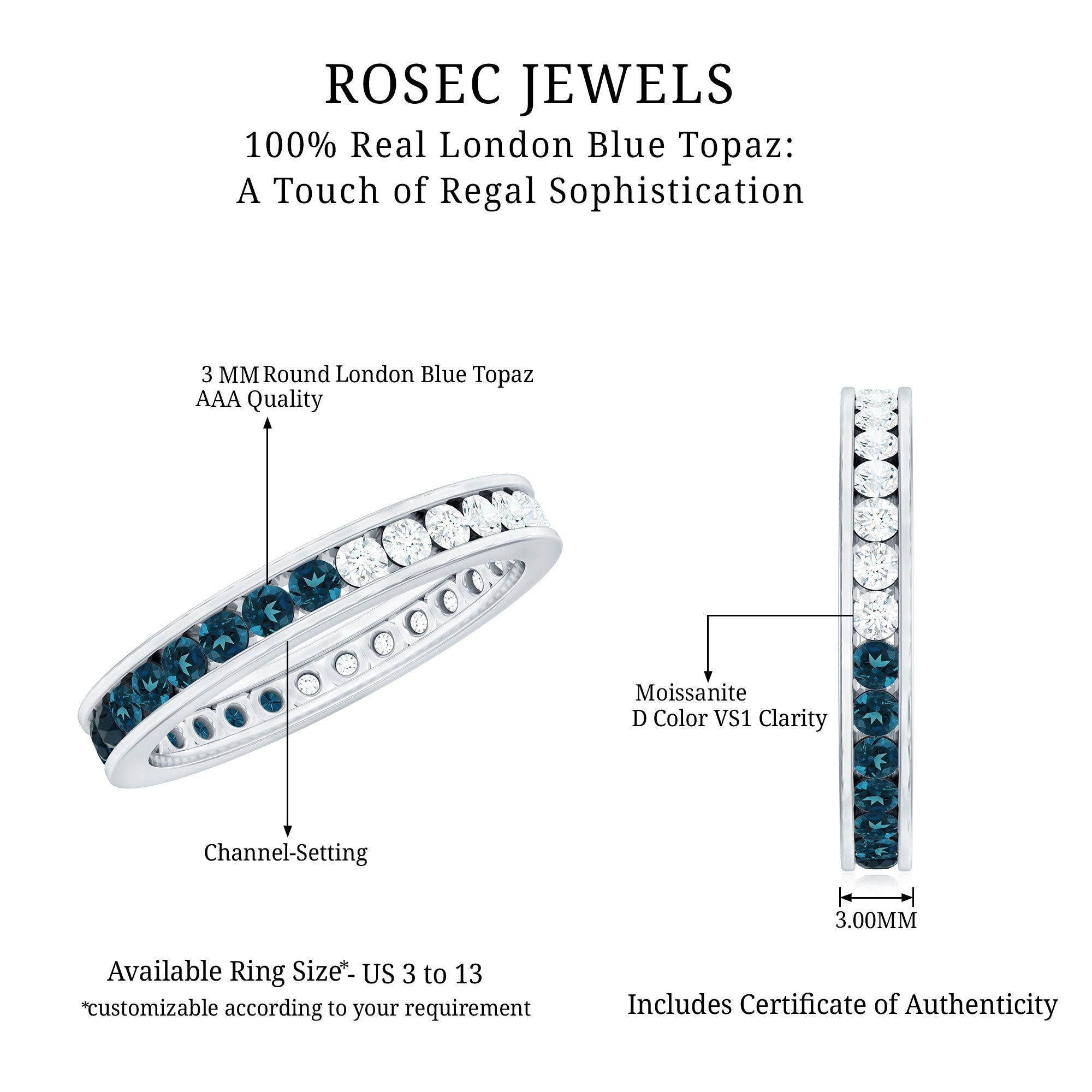 London Blue Topaz and Moissanite Eternity Ring With Certificate