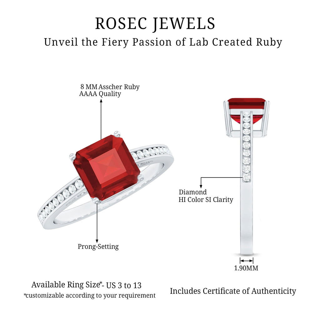 Lab Ruby Engagement Ring – 4.8 Carat Asscher Cut Solitaire Ruby Diamond Band