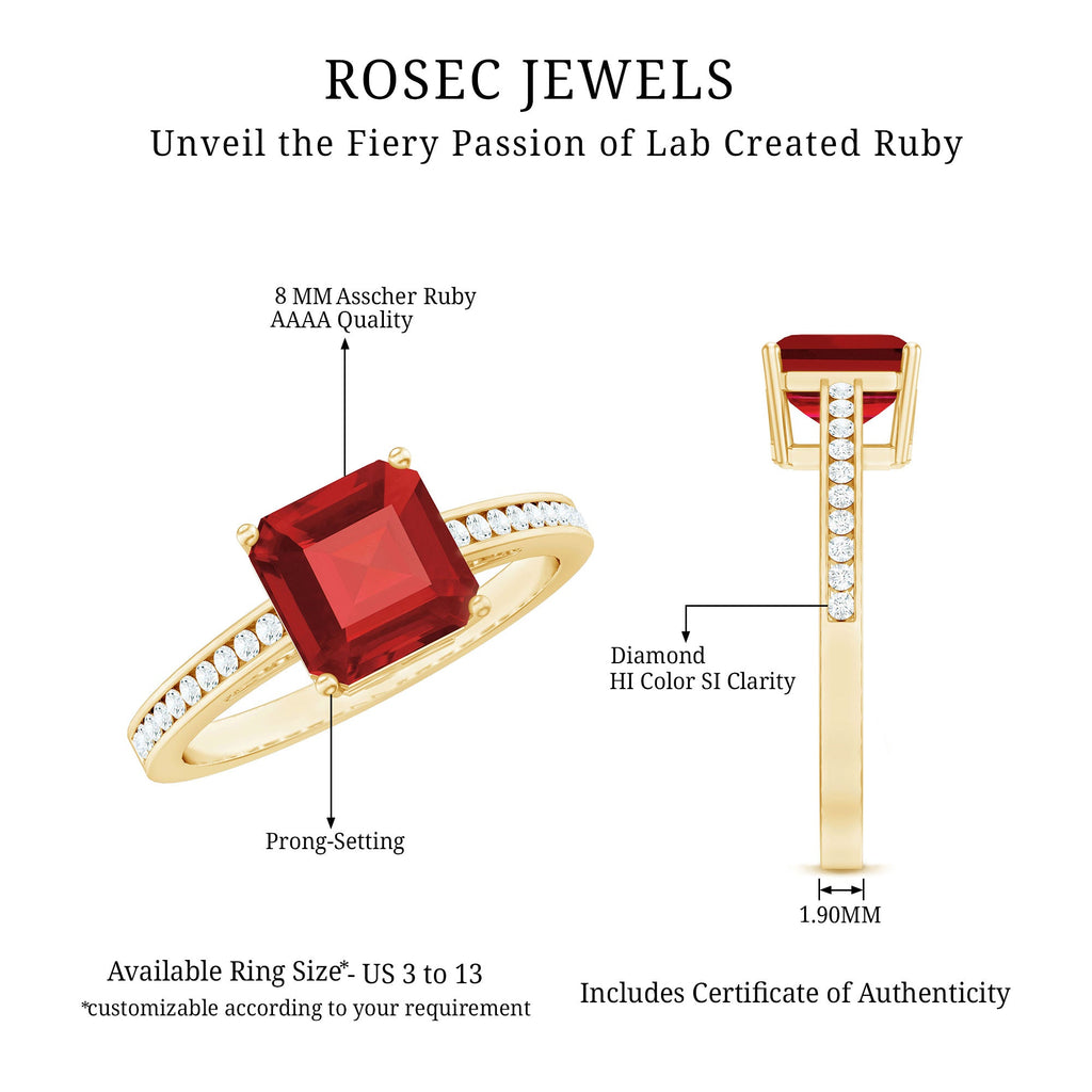 Lab Ruby Engagement Ring – 4.8 Carat Asscher Cut Solitaire Ruby Diamond Band