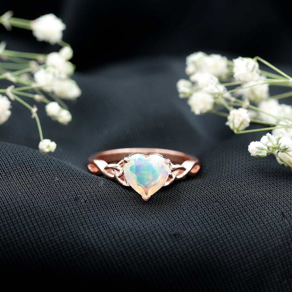 Certified 2 Carat Ethiopian Opal Heart Engagement Ring with Celtic Knot