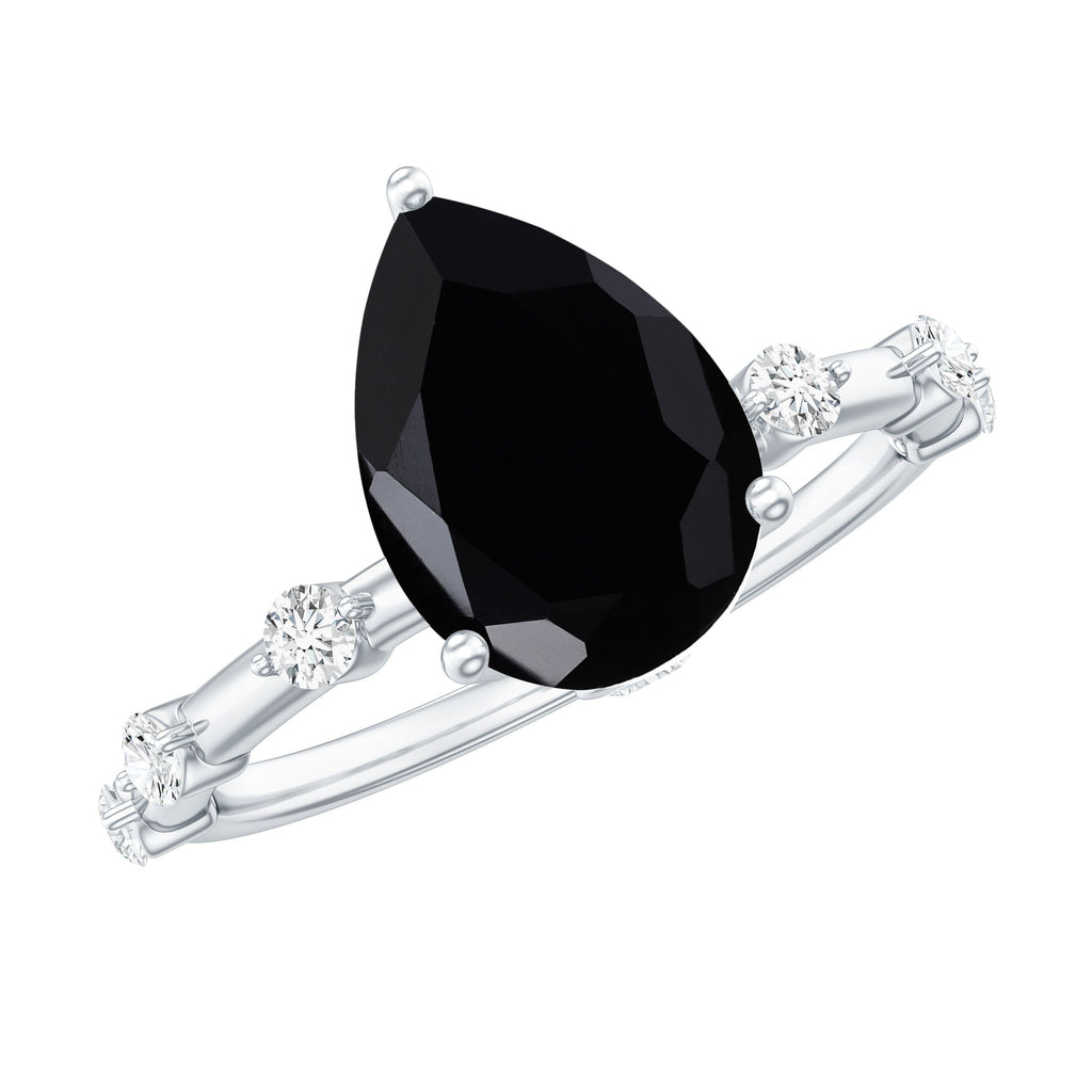 Pear Shape Black Onyx Solitaire Engagement Ring with Diamond