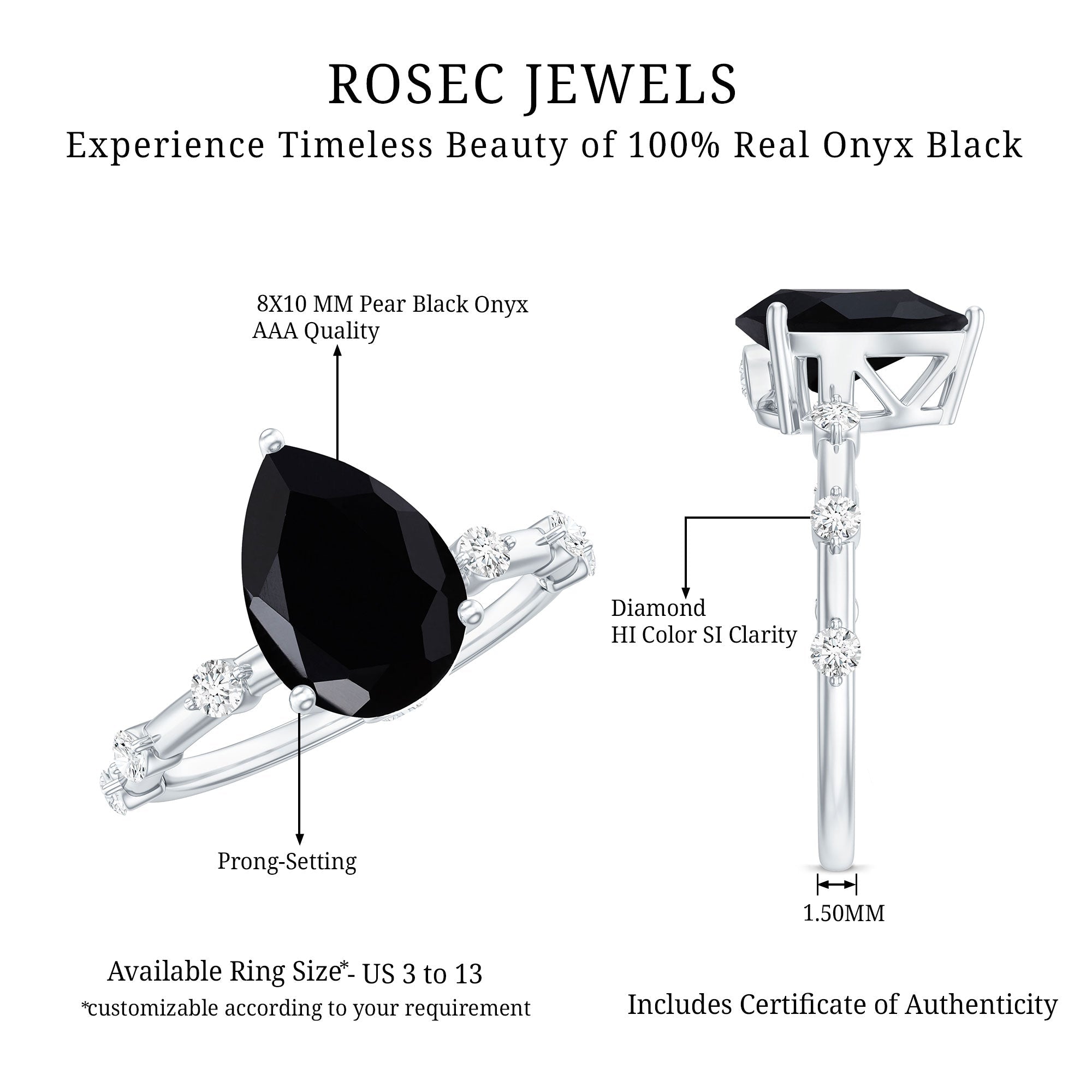 Pear Shape Black Onyx Solitaire Engagement Ring with Diamond
