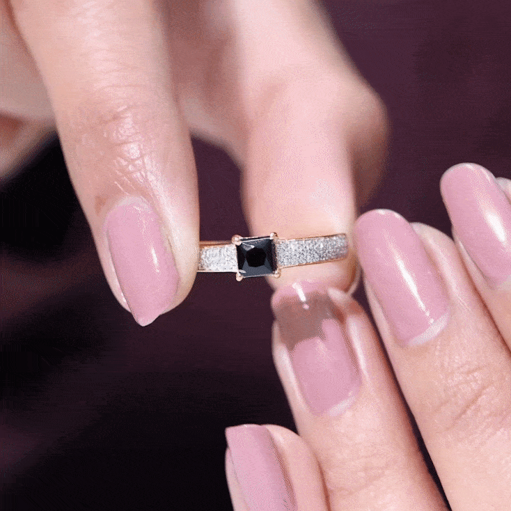 Princess Cut Black Spinel Engagement Ring with Diamond Side Stones