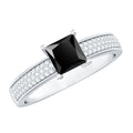 Princess Cut Black Spinel Engagement Ring with Diamond Side Stones