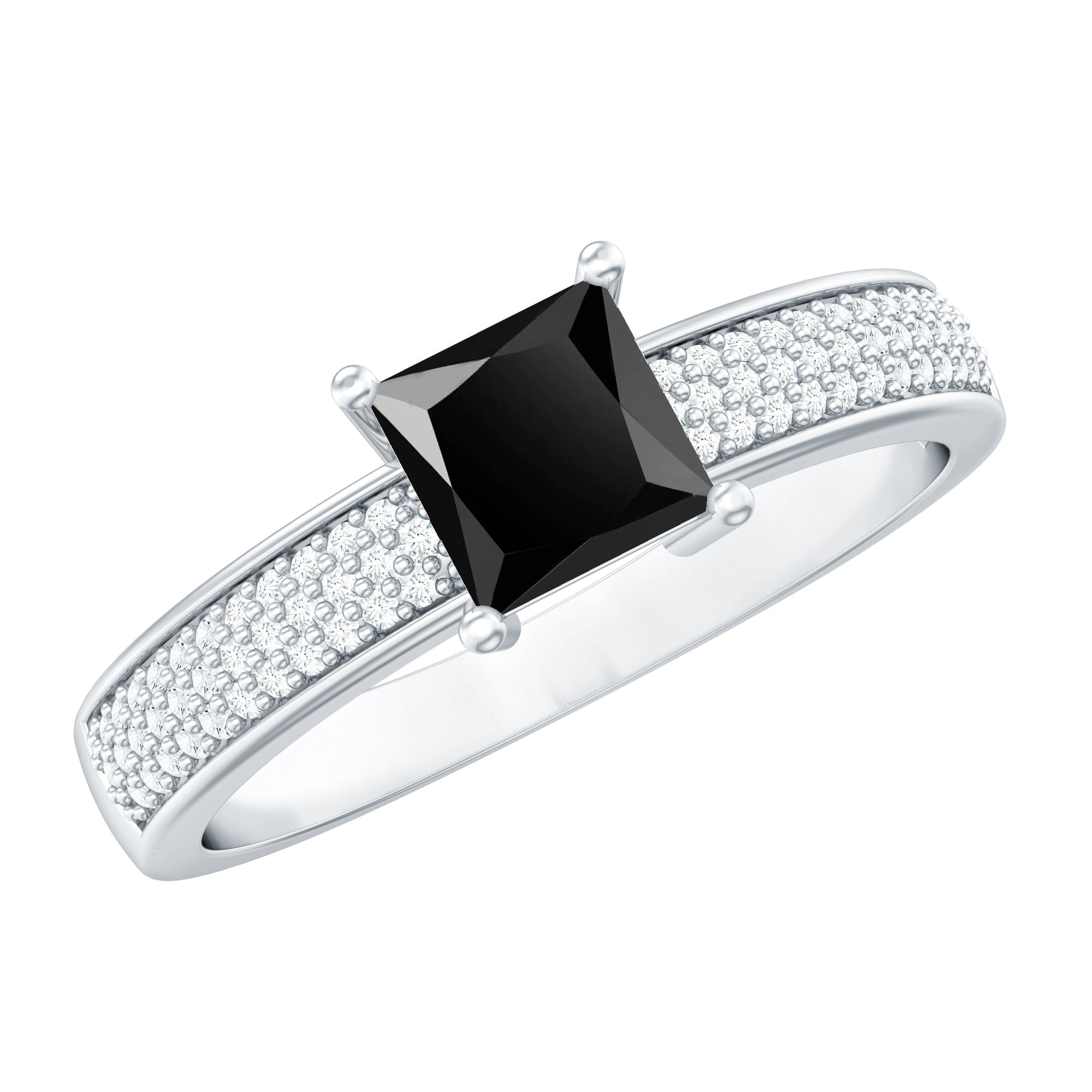 Princess Cut Black Spinel Engagement Ring with Diamond Side Stones