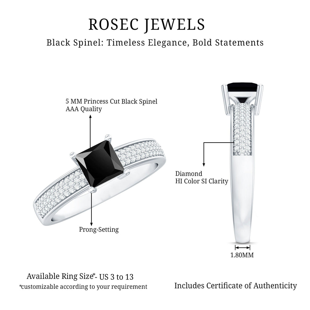 Princess Cut Black Spinel Engagement Ring with Diamond Side Stones