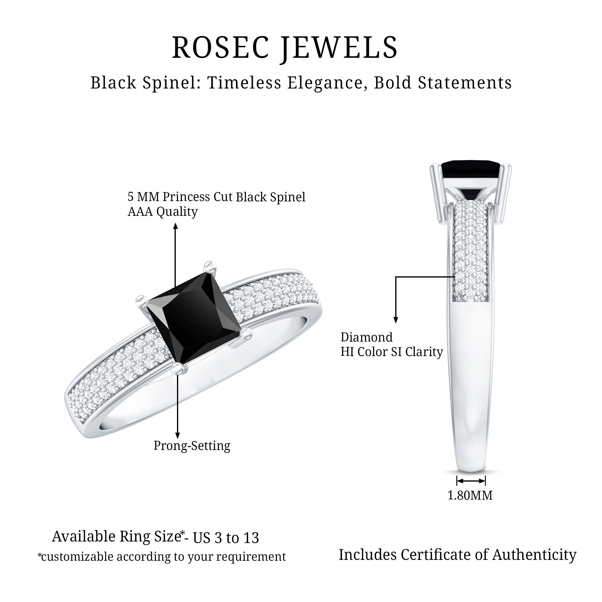 Princess Cut Black Spinel Engagement Ring with Diamond Side Stones