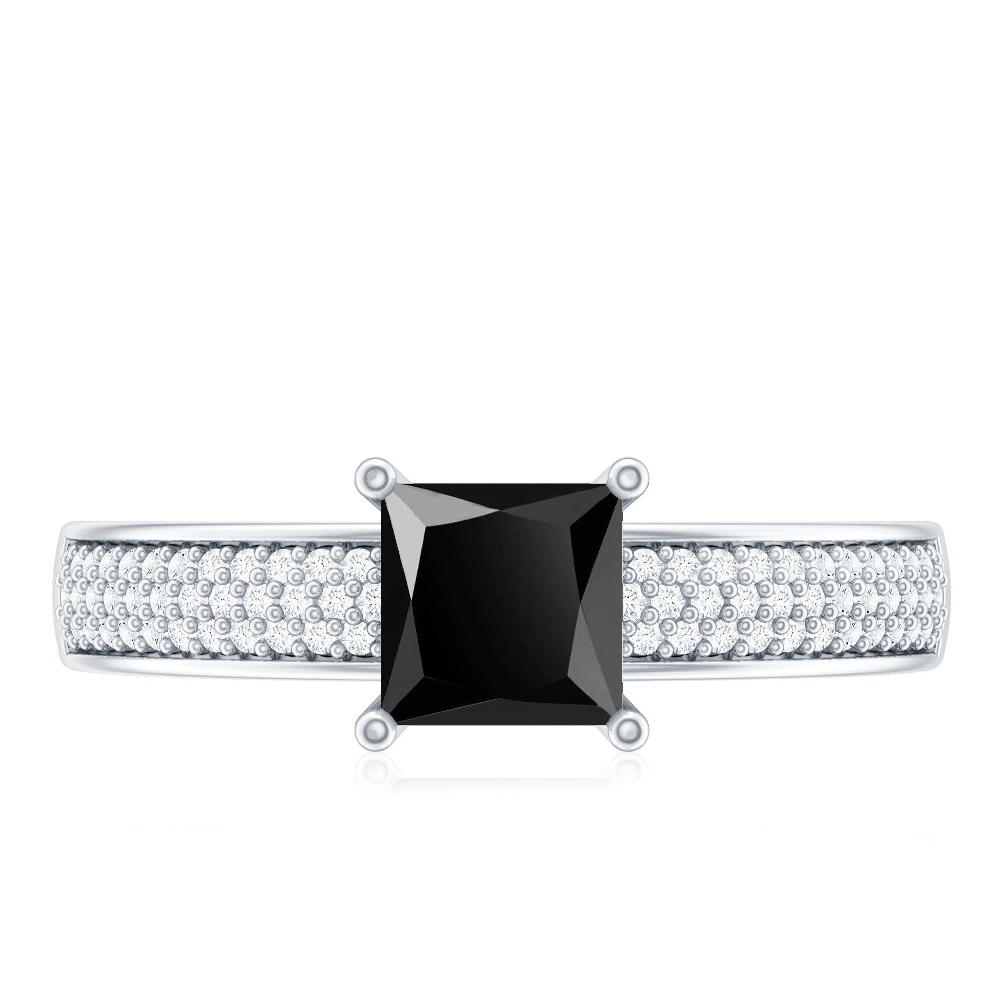 Princess Cut Black Spinel Engagement Ring with Diamond Side Stones