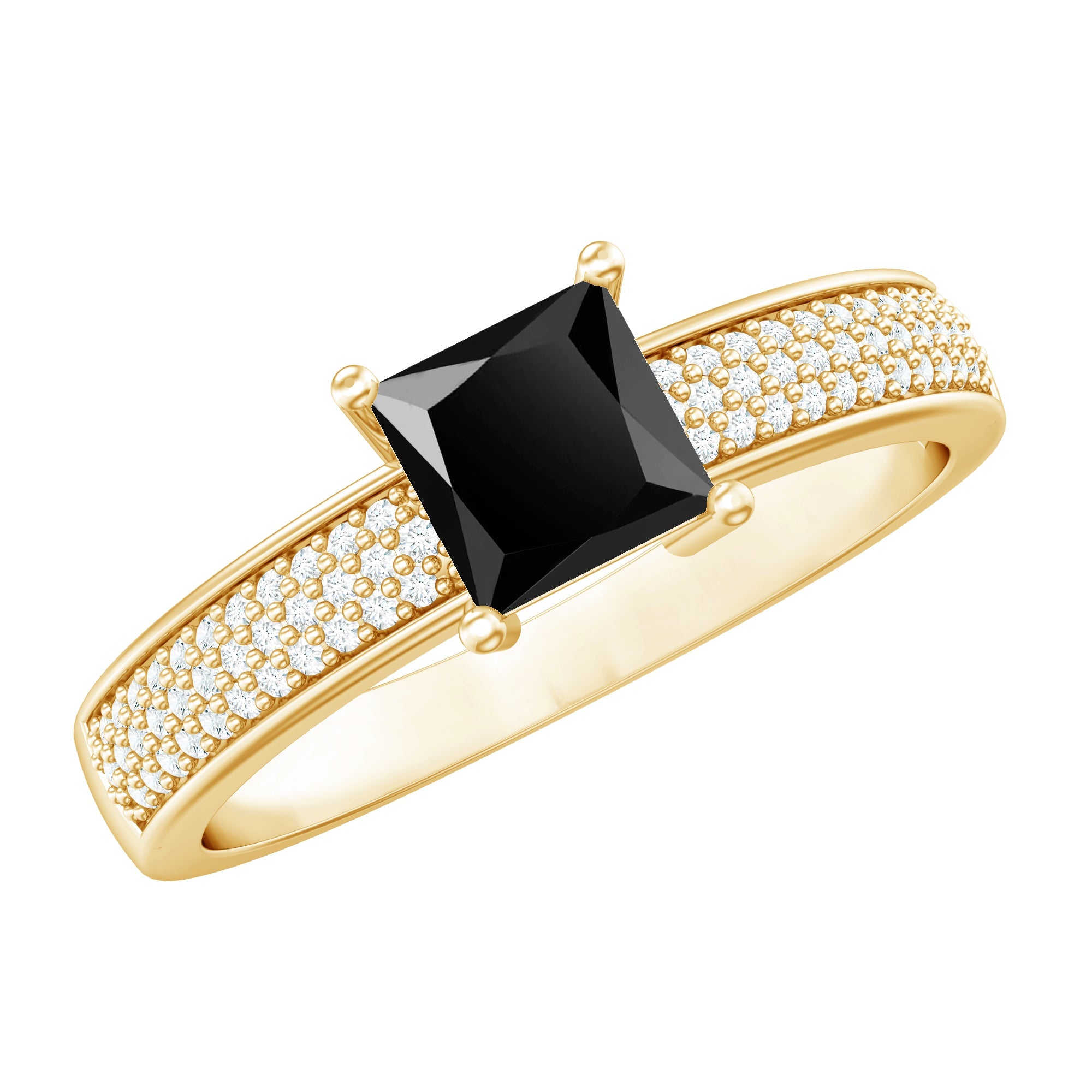 Princess Cut Black Spinel Engagement Ring with Diamond Side Stones