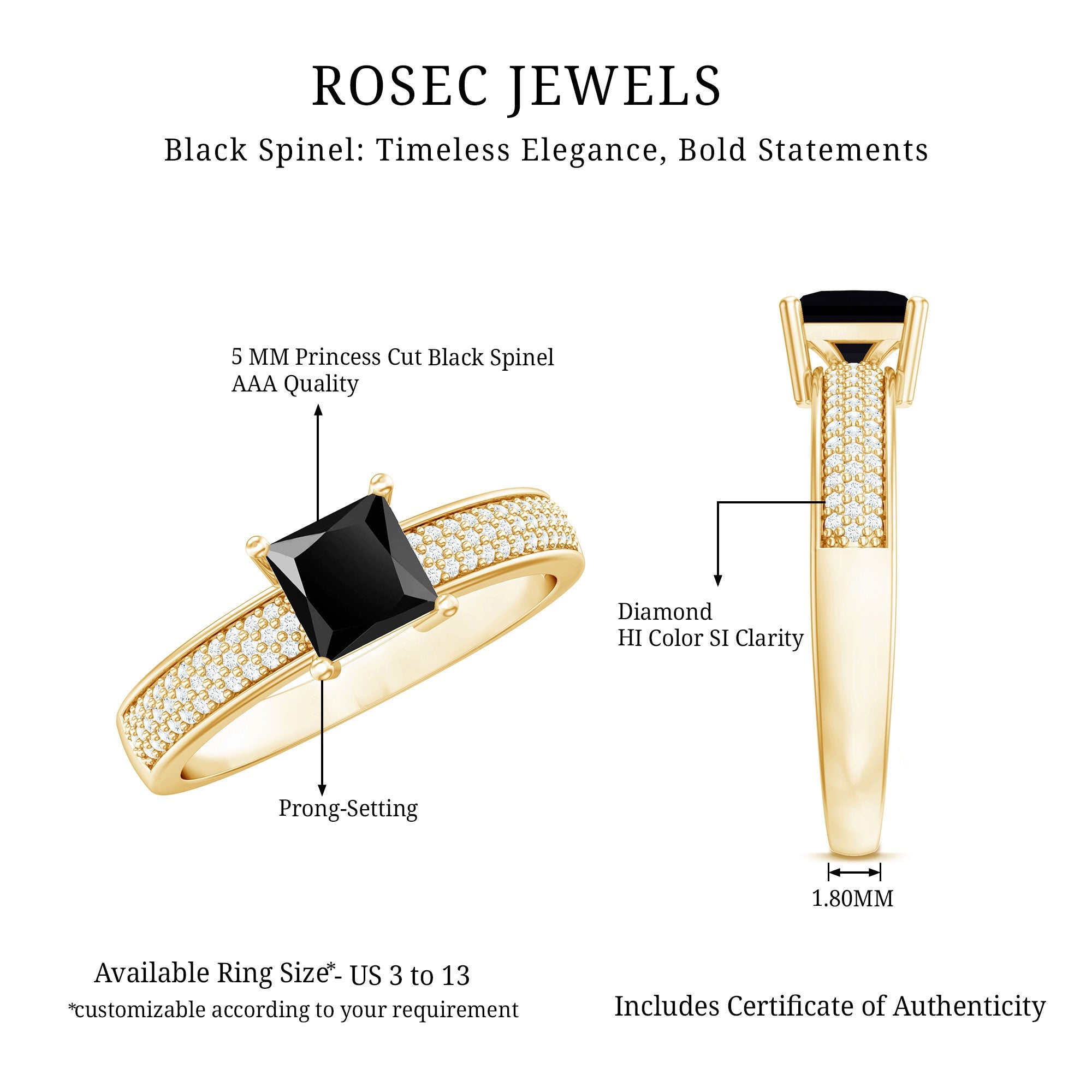 Princess Cut Black Spinel Engagement Ring with Diamond Side Stones
