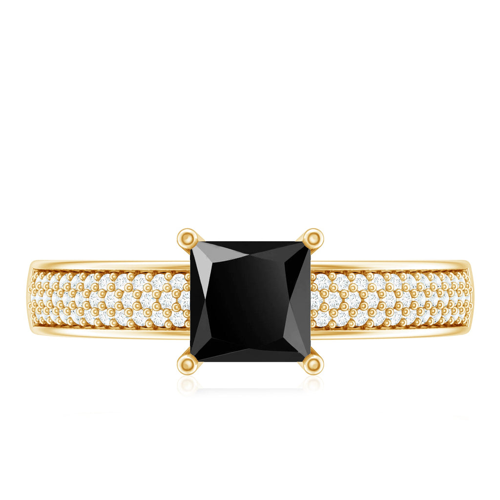 Princess Cut Black Spinel Engagement Ring with Diamond Side Stones