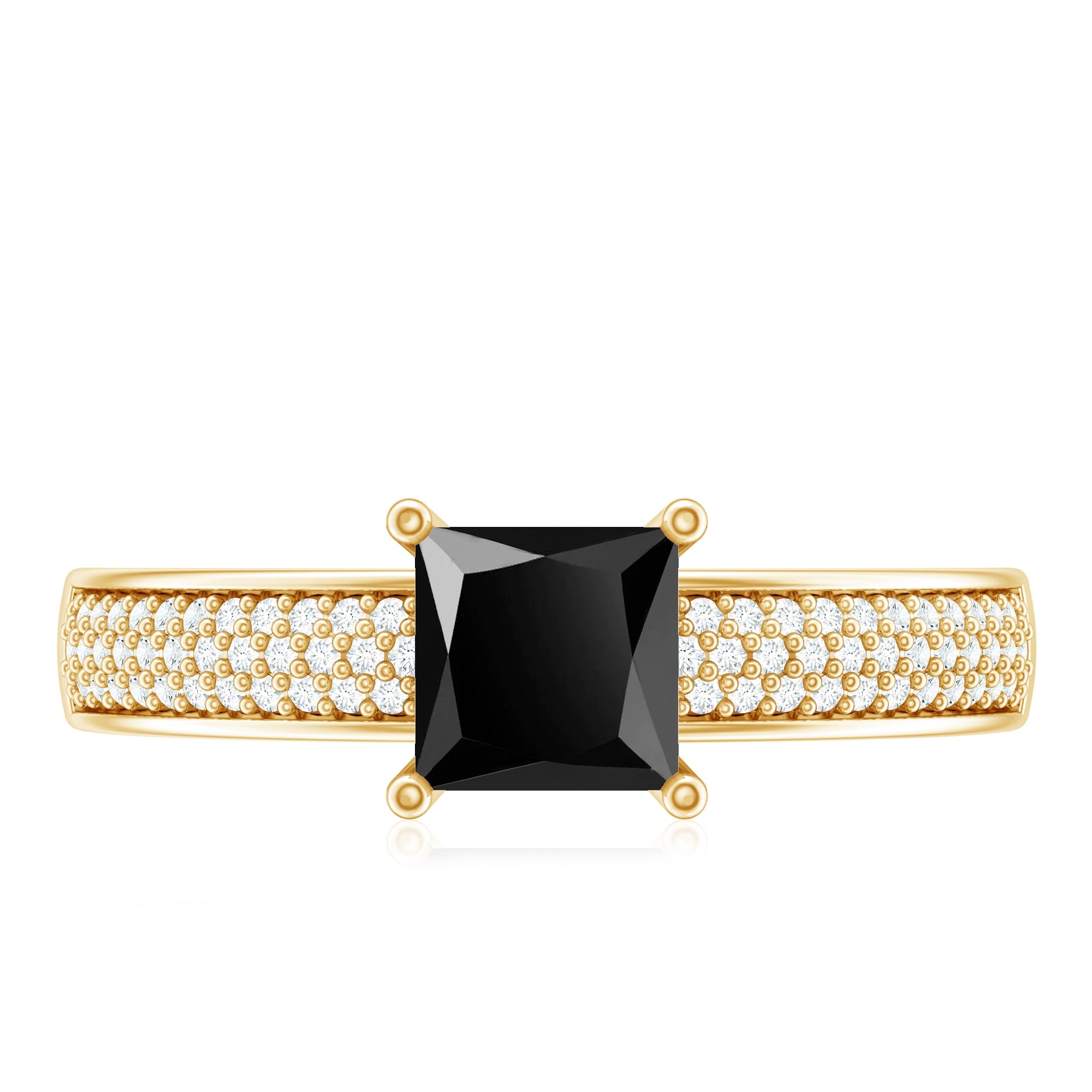 Princess Cut Black Spinel Engagement Ring with Diamond Side Stones