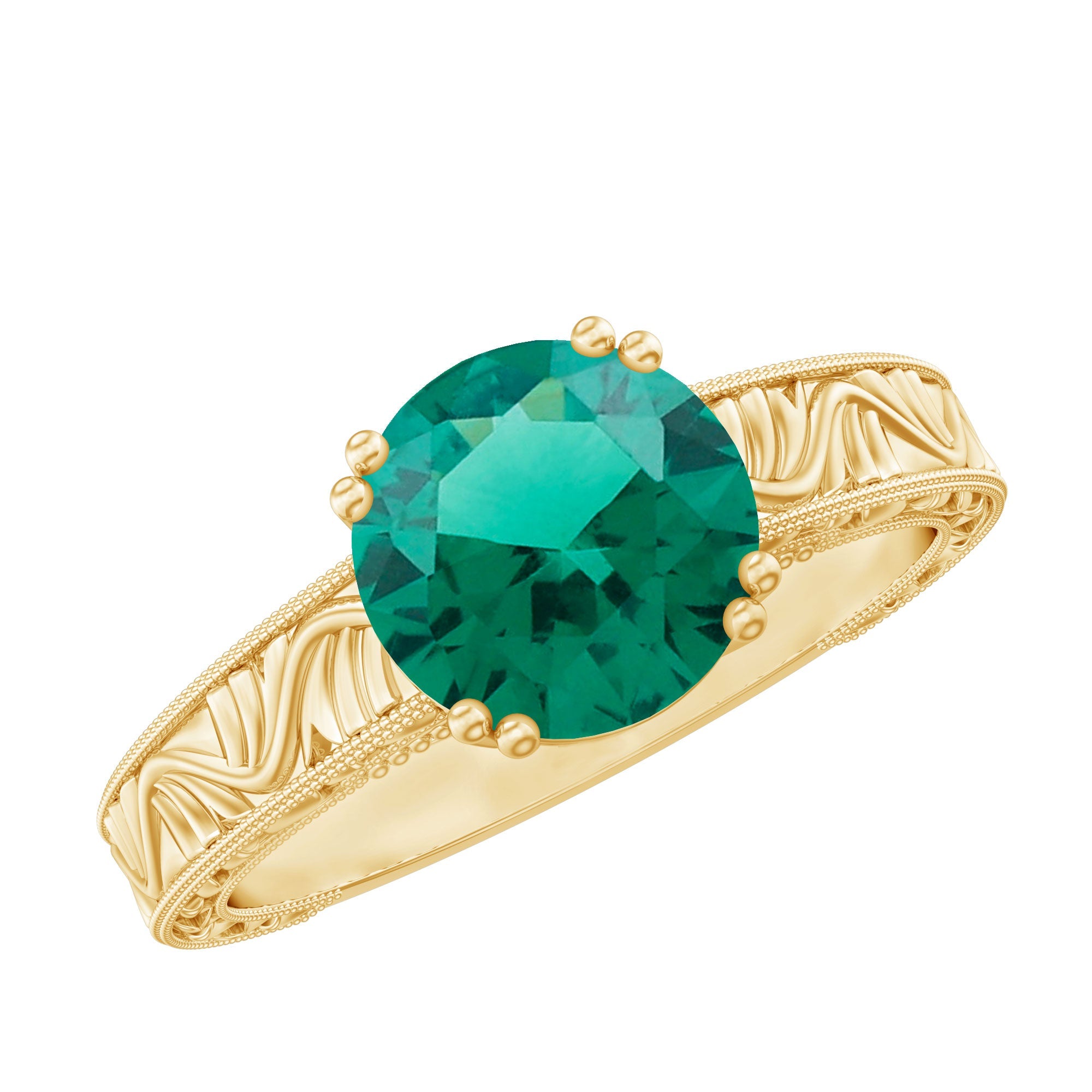 Lab Emerald Engagement Ring – Vintage Solitaire Design with Intricate Detailing