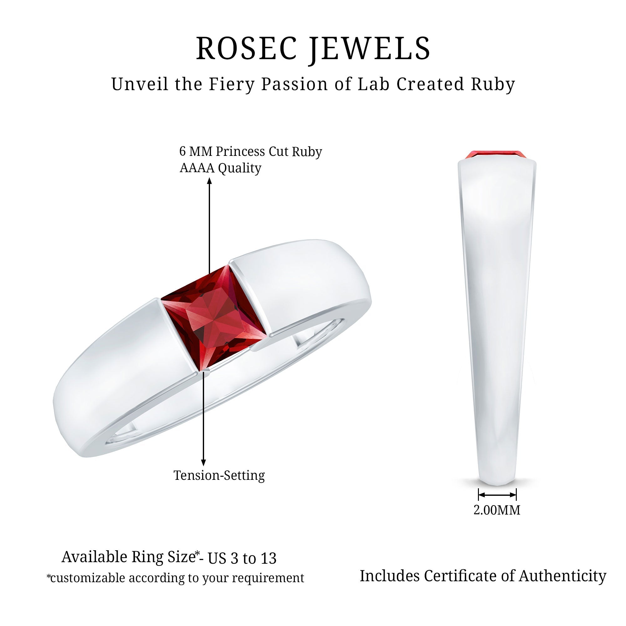 Lab Grown Ruby Ring – 1.5 Carat Princess Cut Solitaire Band with AAAA Quality Gemstone