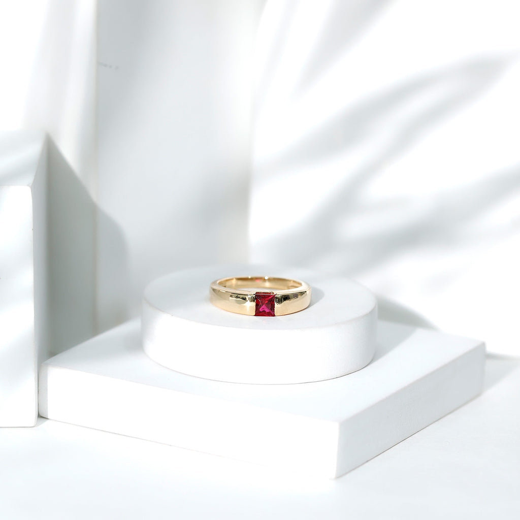 Lab Grown Ruby Ring – 1.5 Carat Princess Cut Solitaire Band with AAAA Quality Gemstone
