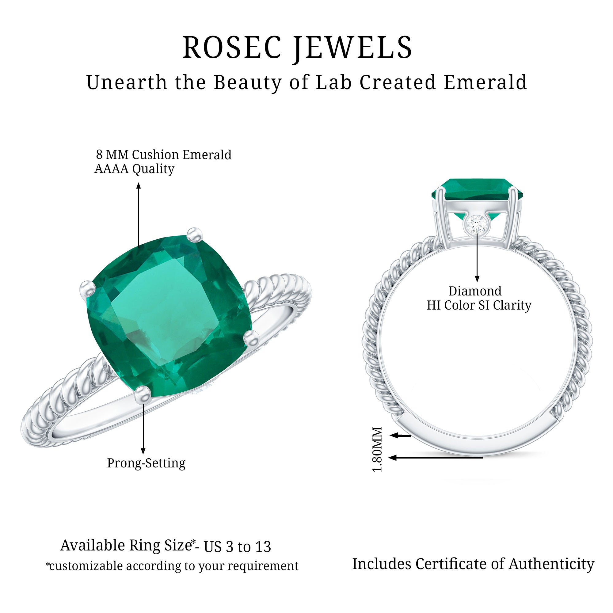 Certified 2 Carat Cushion Cut Lab Grown Emerald Ring for Engagement