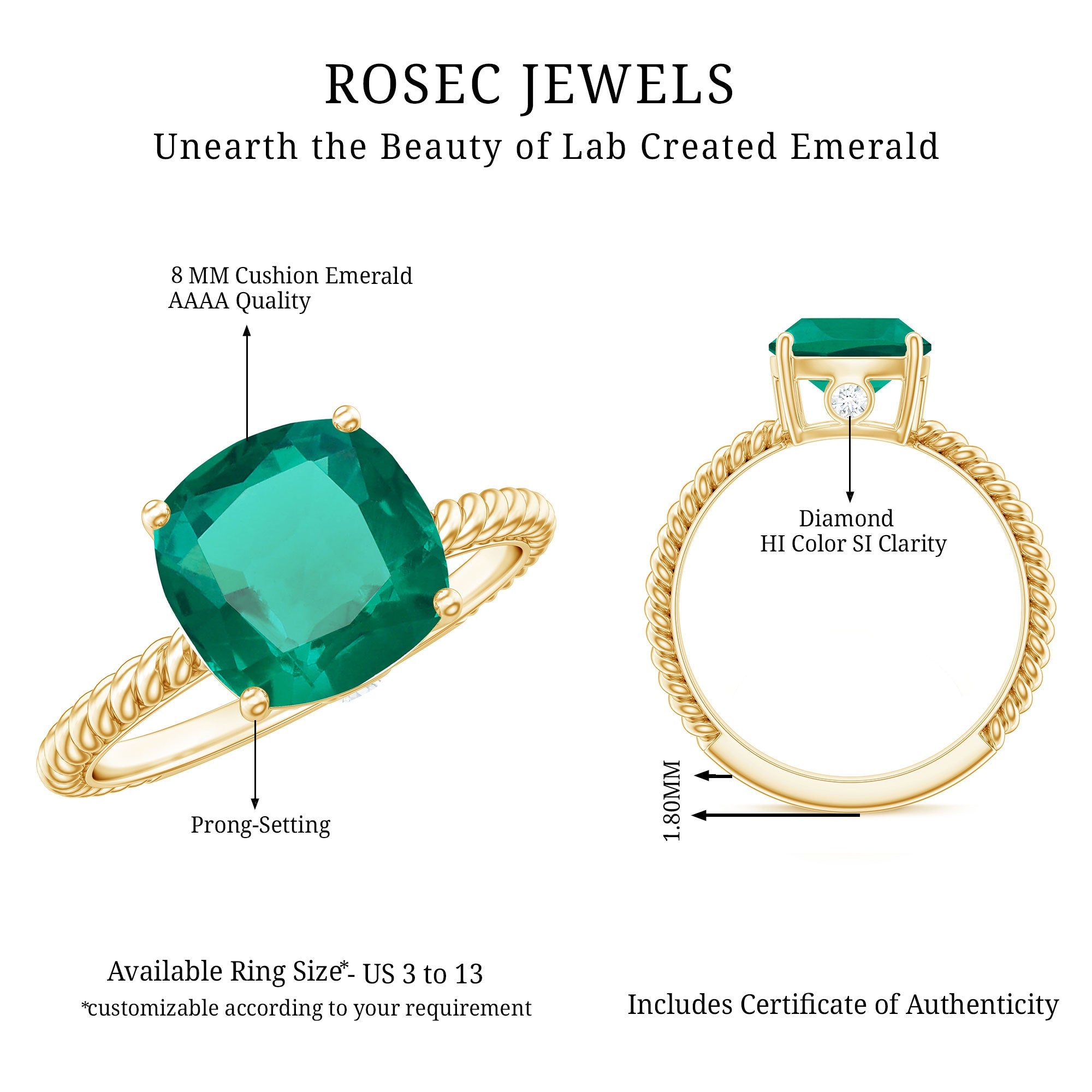 Certified 2 Carat Cushion Cut Lab Grown Emerald Ring for Engagement
