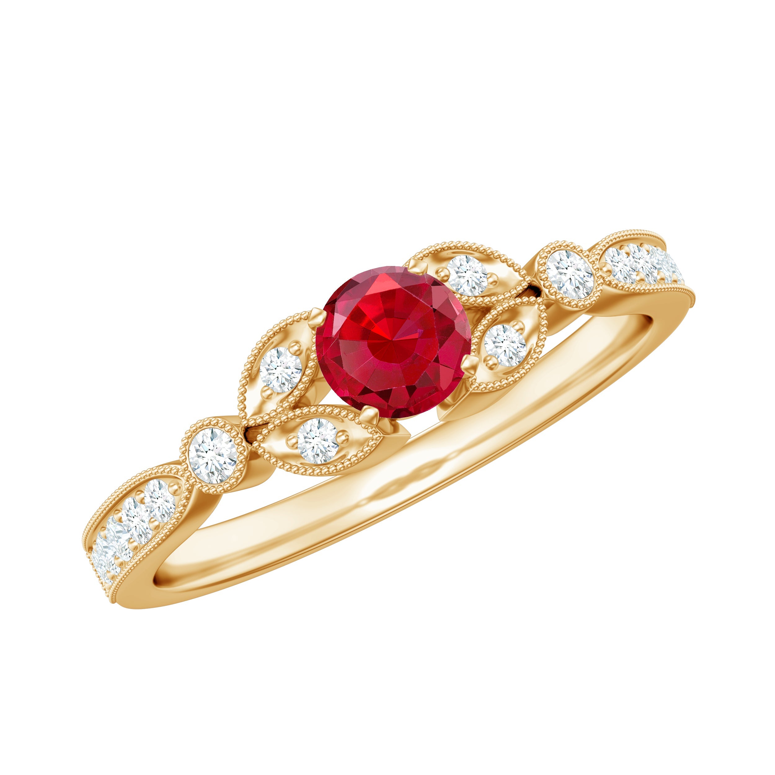 Lab grown ruby and diamond minimal promise ring in yellow gold with leaf shaped settings