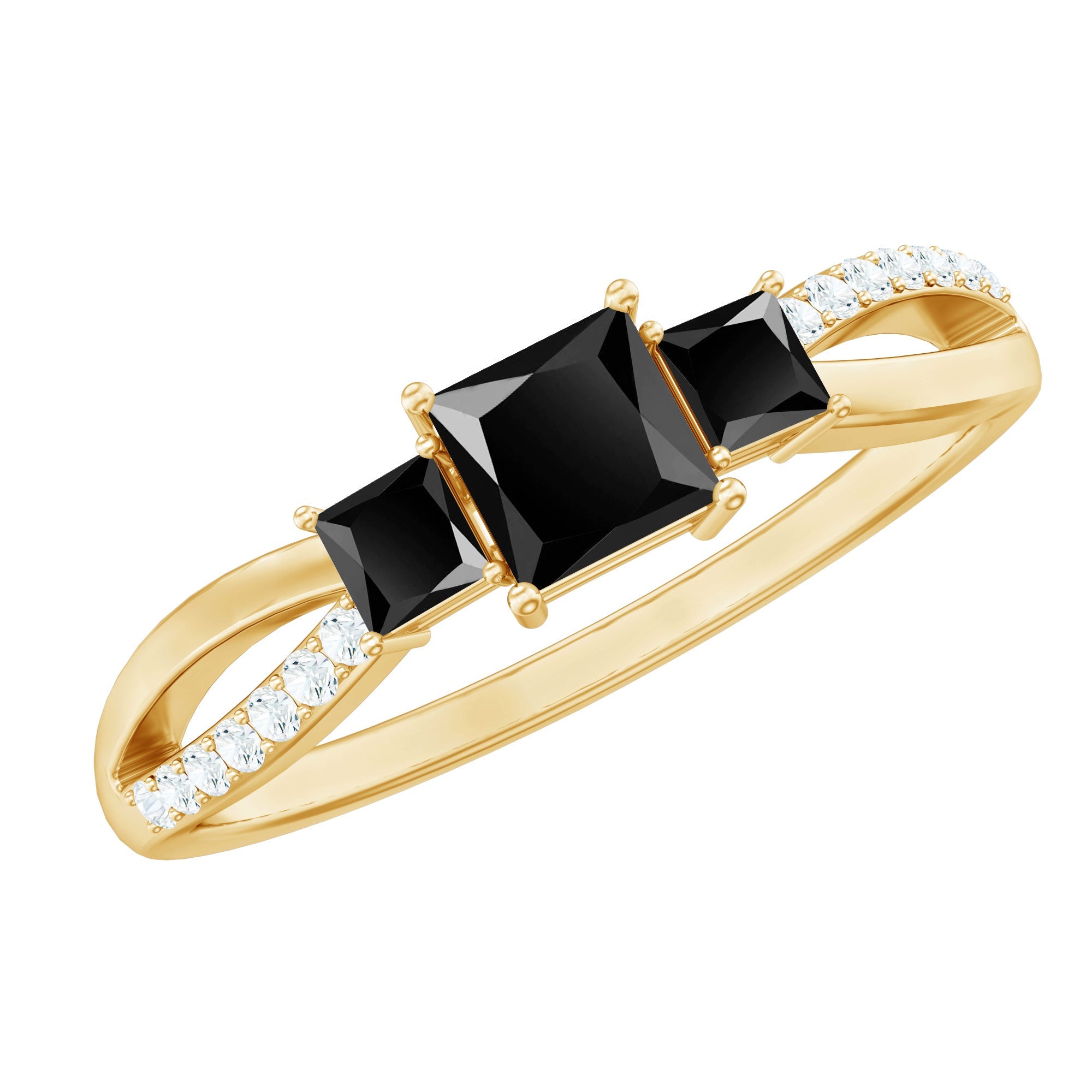 Princess Cut Black Onyx 3 Stone Promise Ring with Diamond