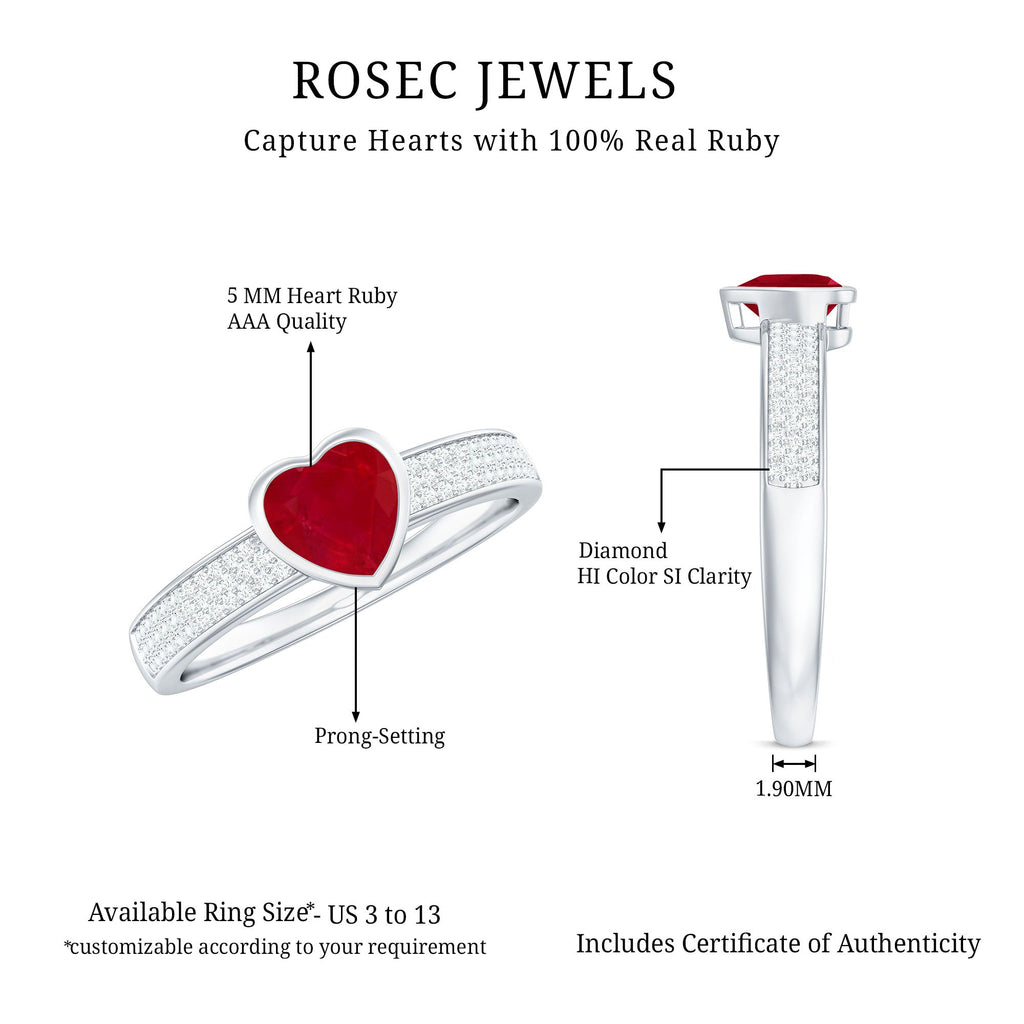 Ruby Heart Engagement Ring – Solitaire Diamond & AAA Quality Ruby Band