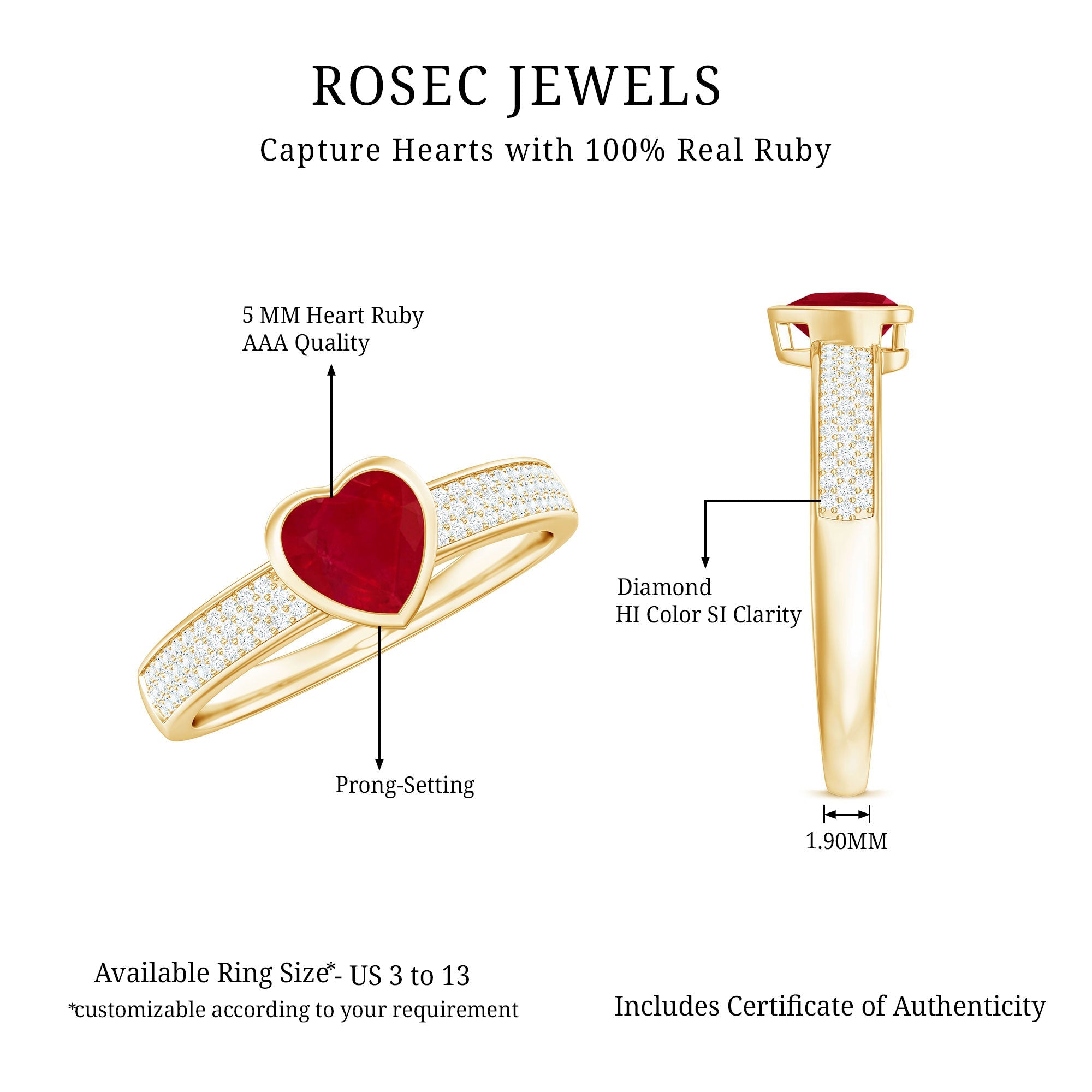 Ruby Heart Engagement Ring – Solitaire Diamond & AAA Quality Ruby Band