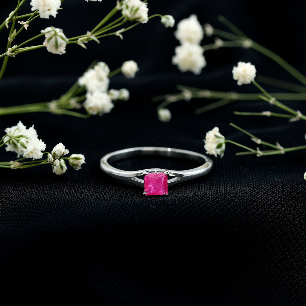 Ruby Promise Ring – Natural Princess Cut Ruby, Half Carat Split Shank Design