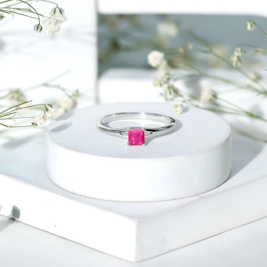 Ruby Promise Ring – Natural Princess Cut Ruby, Half Carat Split Shank Design