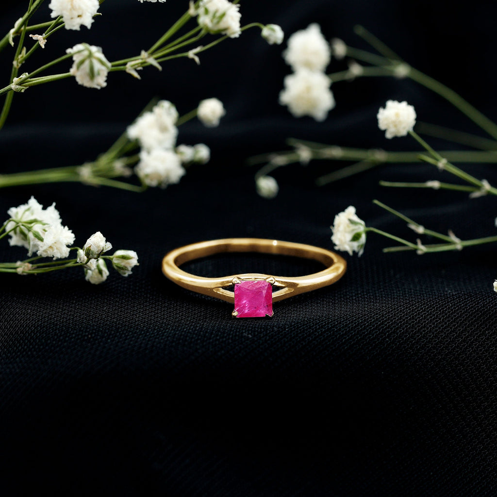 Ruby Promise Ring – Natural Princess Cut Ruby, Half Carat Split Shank Design