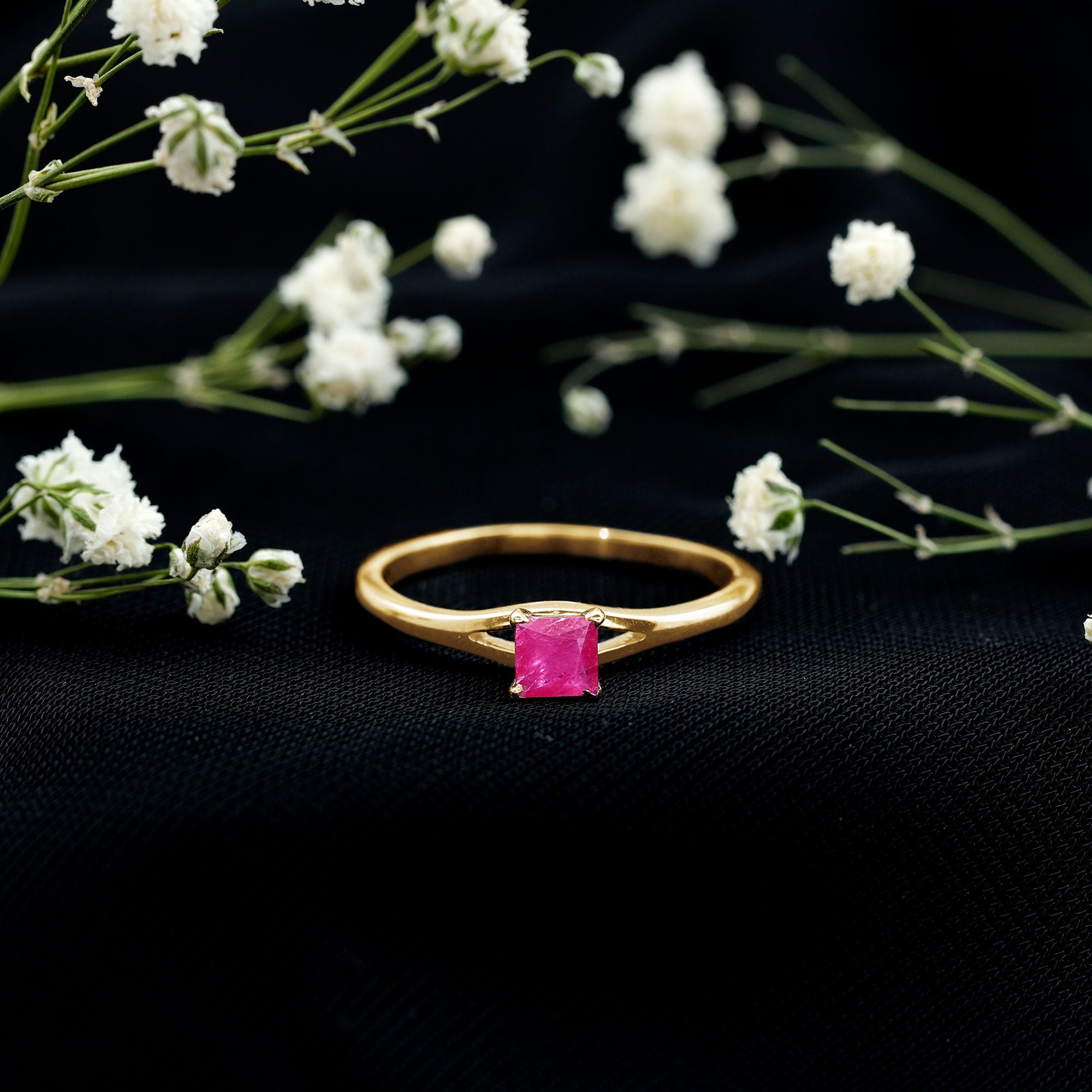 Ruby Promise Ring – Natural Princess Cut Ruby, Half Carat Split Shank Design