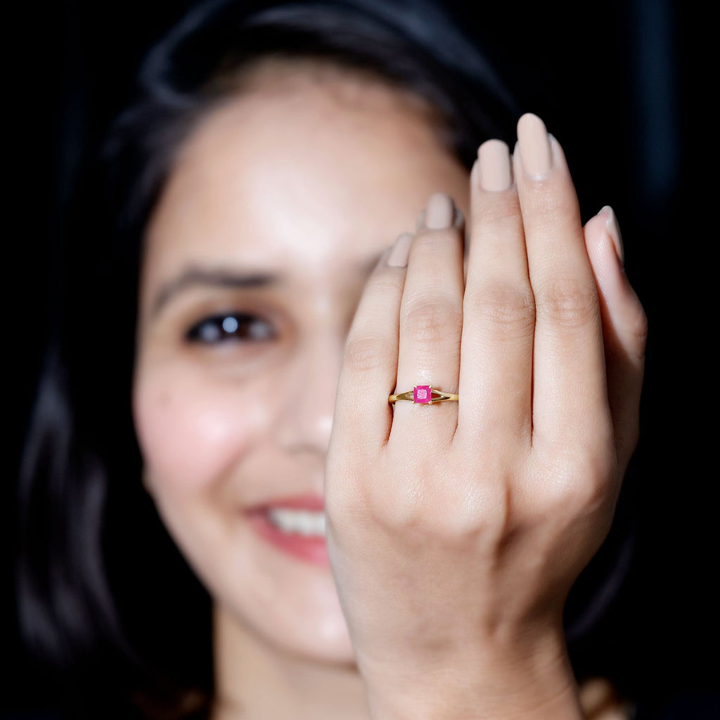 Ruby Promise Ring – Natural Princess Cut Ruby, Half Carat Split Shank Design